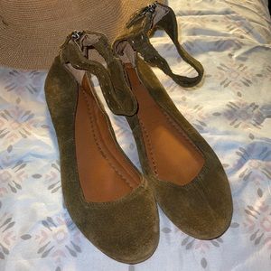 Frye Carson Ankle Strap Ballet Flats Olive Green Suede Size 8.5M